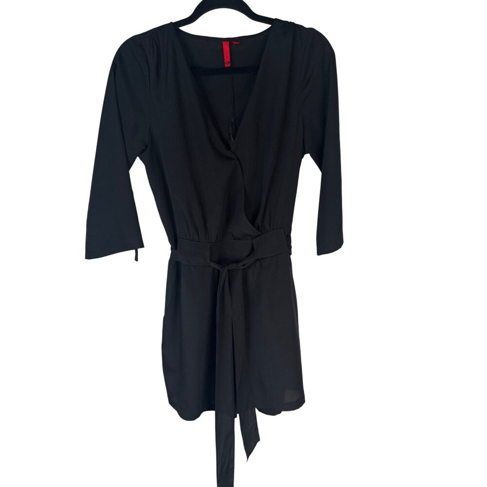 2/$30 5148 Black Small Polyester Mini Romper Waist Sash Front Tie & 3/4 Sleeves